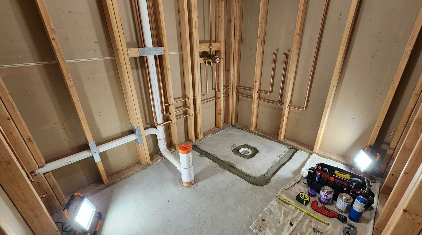 Bathroom rough-in plumbing during remodel by Johns Plumbing LLC in Cullowhee