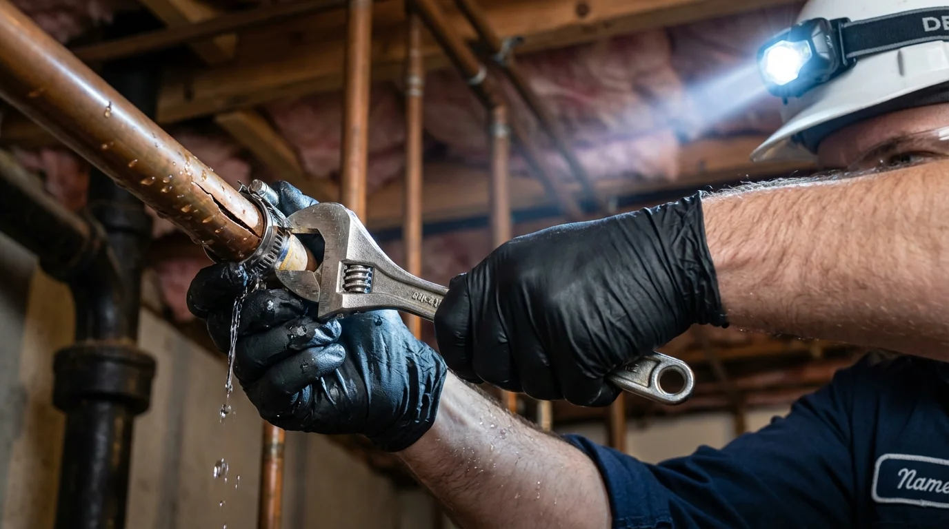 Emergency pipe clamp repair being performed by a Johns Plumbing LLC plumber in Cullowhee