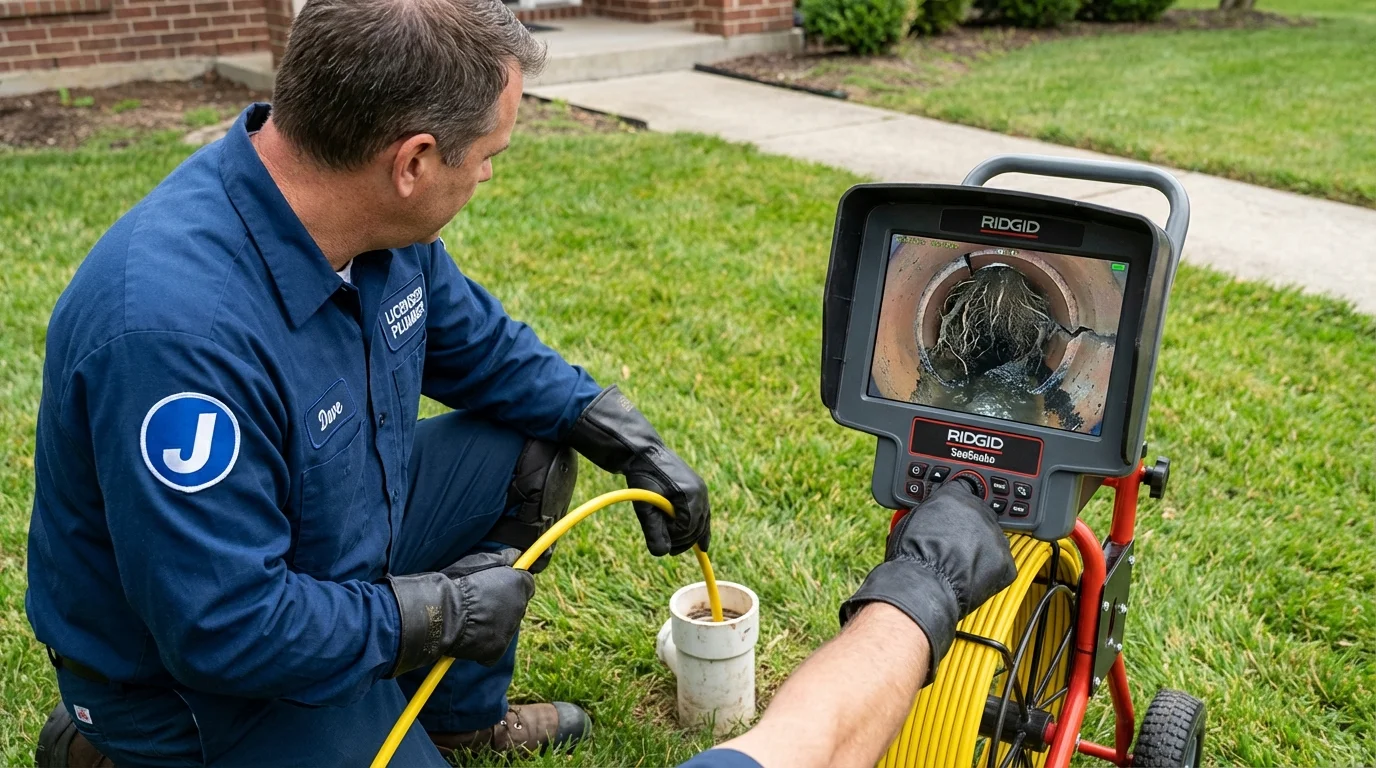 Sewer camera inspection being performed by Johns Plumbing LLC in Cullowhee