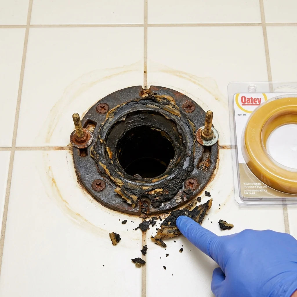 Failed wax ring showing water seepage at the base of a toilet in a Cullowhee, NC home